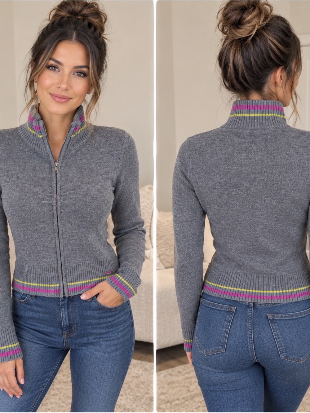 UNIONBAY Gray Zip-Up Crewneck Sweater with Pink & Lime Stripe Trim